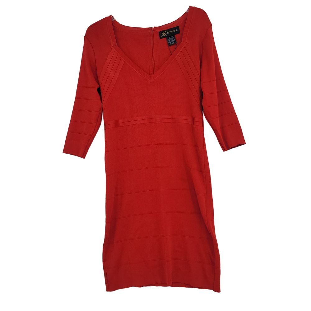 Kardashian Kollection Bandage Stretchy Red 3/4 Sleeves Knee Length Size Large‎